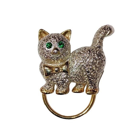 Vintage Cat Brooch Green Crystal Eyes Eyeglass or Scarf Loop Silver Gold - Picture 1 of 5
